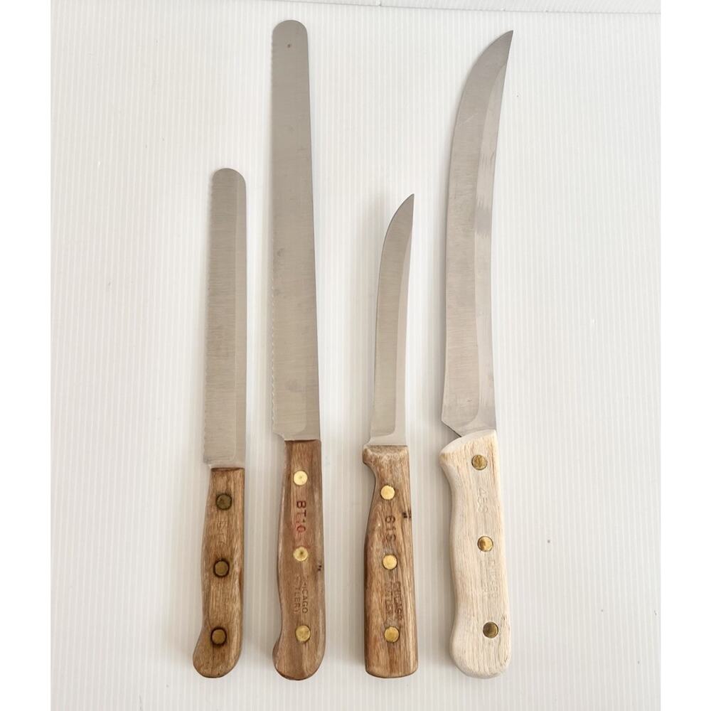 Vintage Chicago Cutlery 4-Piece Knife Set BT7 BT10 61S 45S Wood Handles USA